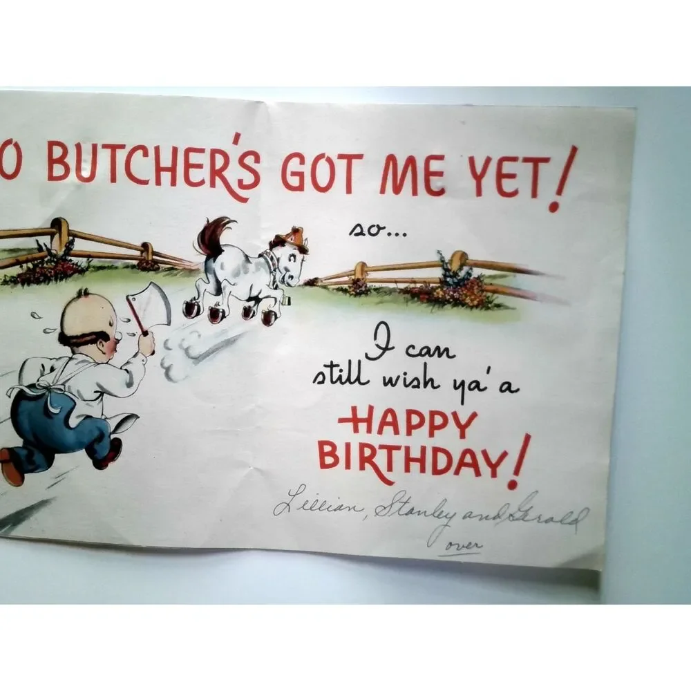 Vintage 1940s 1950s Belated Birthday Card Horse Butcher Comic USA